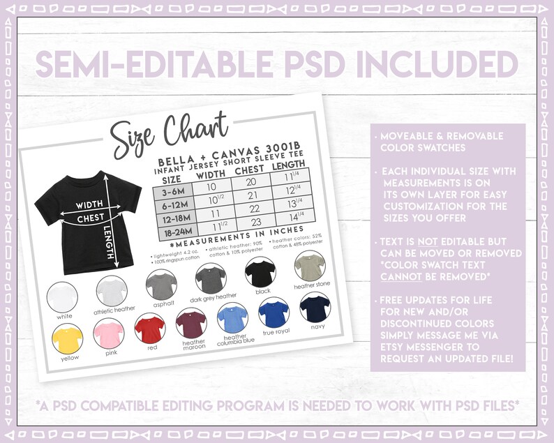 May include: Size chart for Bella + Canvas 3001B infant jersey short sleeve tee. The chart shows sizes from 3-6 months to 18-24 months with corresponding width, chest, and length measurements in inches. The chart also includes a color swatch of different colors available for the tee.