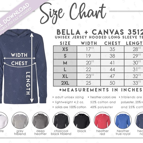 Semi-Editable Bella + Canvas 3512 Size + Color Chart • Bella Canvas Hooded Long Sleeve T-Shirt Size Chart • BC3512