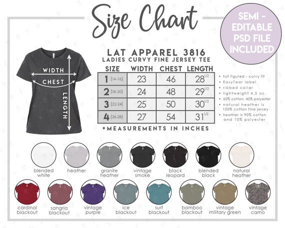 Semi-editable LAT Apparel 3816 Size Color Chart LAT - Etsy