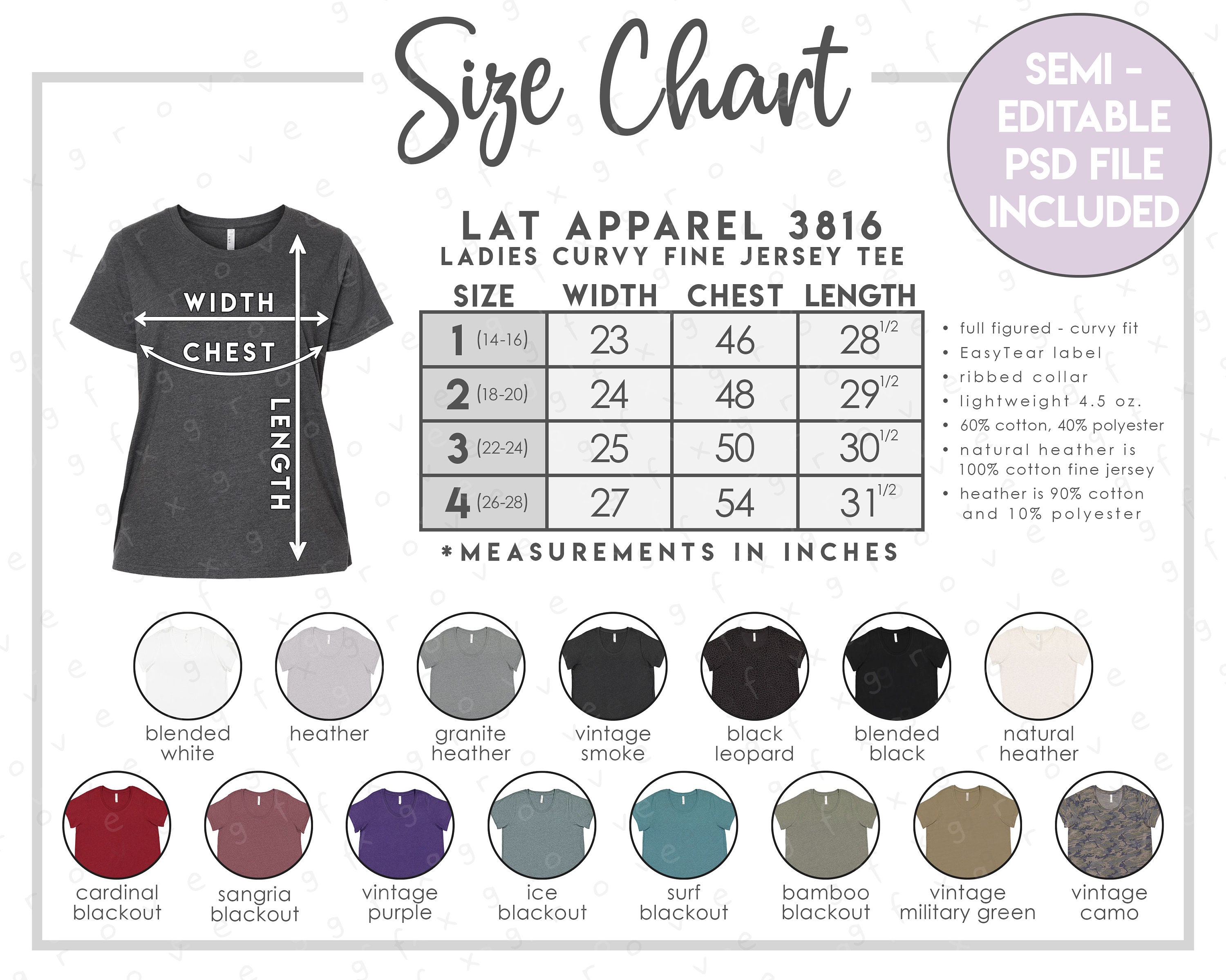 Semi-editable LAT Apparel 3816 Size + Color Chart • LAT Apparel