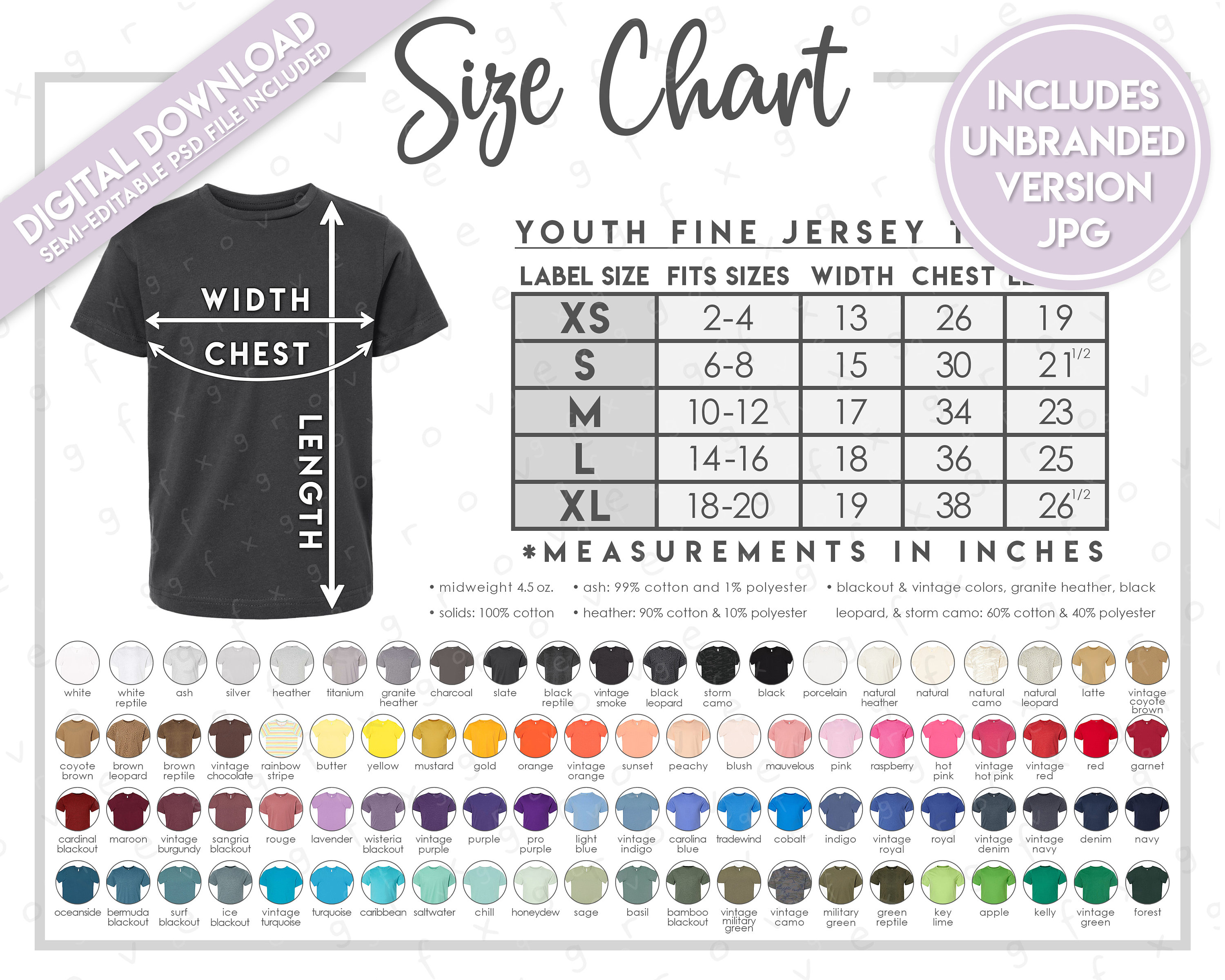 Semi-editable LAT 6101 Size + Color Chart • LAT Unisex Youth Fine