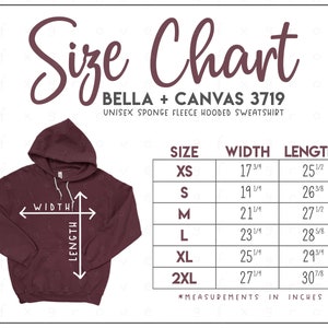 Bella + Canvas 3719 Size Chart • Bella Canvas Hooded Sweatshirt Size Chart • Bella Canvas Hoodie Size Chart • BC3719