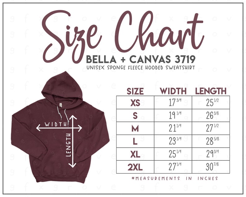 Bella Canvas 3719 Size Chart Bella Canvas Hooded | Etsy