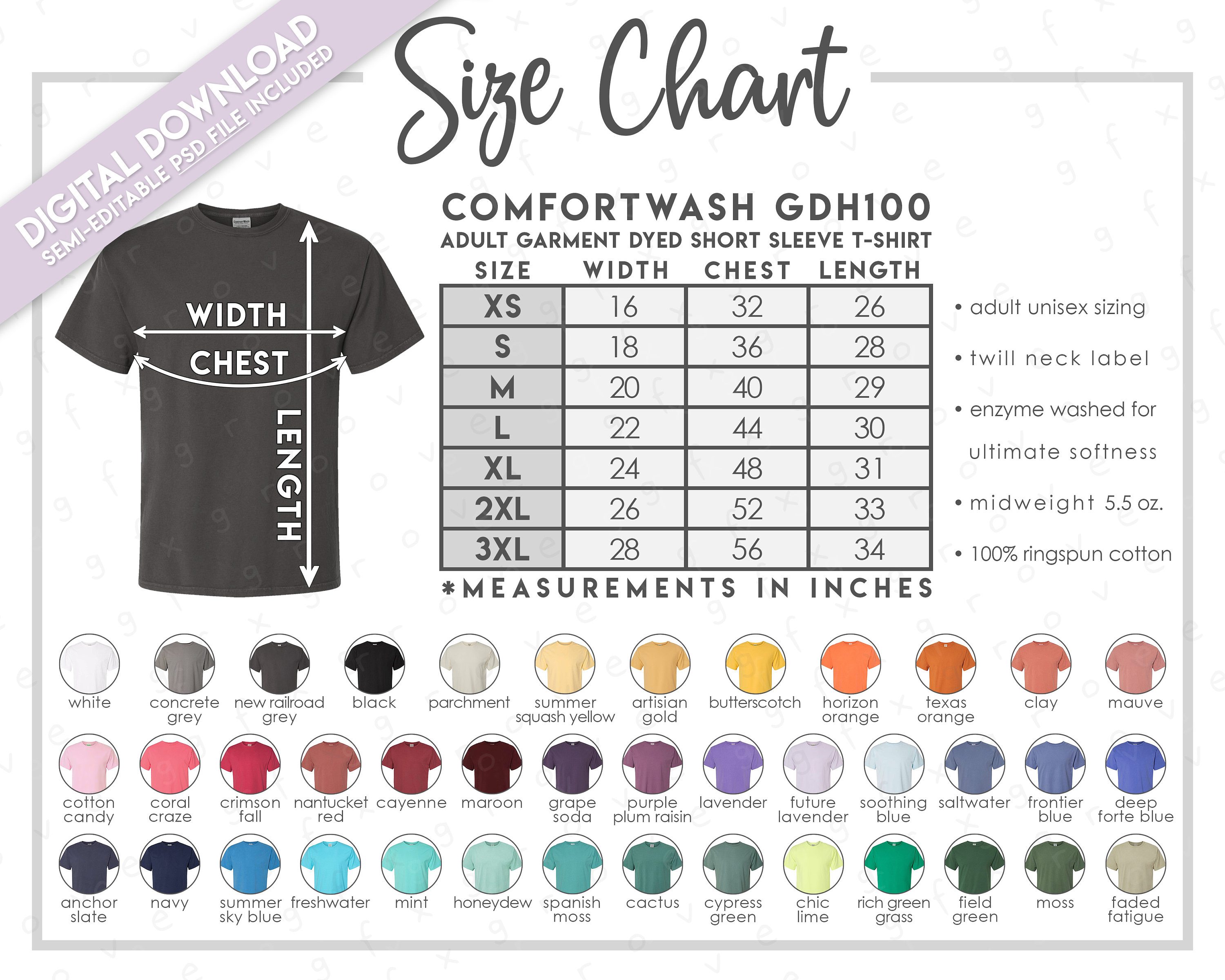 GARMENT DYED MILITARPANT　サイズ42 Semi-editable Comfortwash GDH100 Size + Color Chart • Hanes