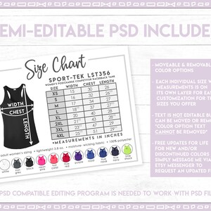 May include: A size chart for a Sport-Tek LST356 women's racerback tank top. The chart includes measurements in inches, with the equivalent in cm. The image also includes color options and text about the design.