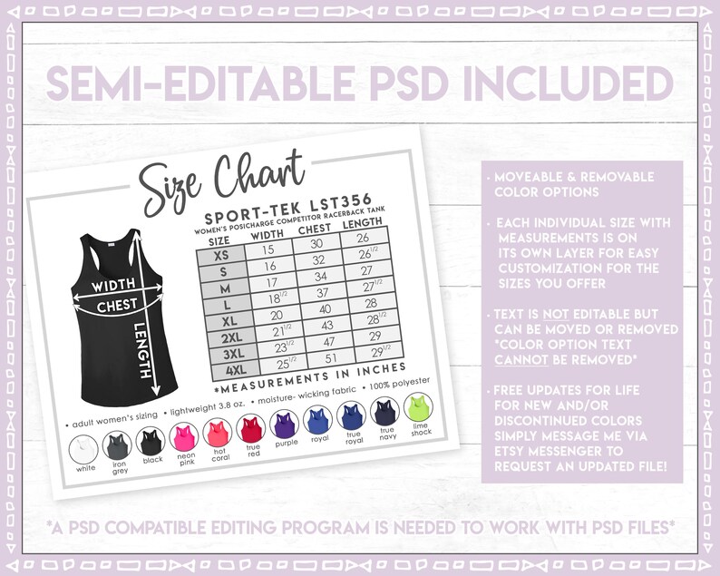May include: A size chart for a Sport-Tek LST356 women's racerback tank top. The chart includes measurements in inches, with the equivalent in cm. The image also includes color options and text about the design.