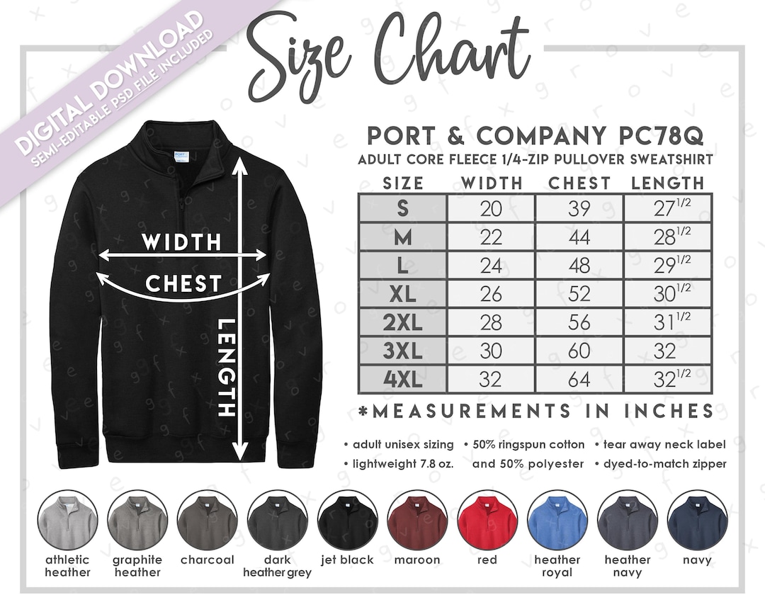 Semi-editable Port & Company PC78Q Size + Color Chart • Adult Core
