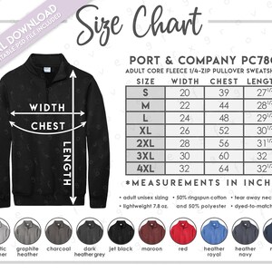 Peut inclure: Un tableau des tailles pour sweat-shirt à quart de zip Port & Company PC78Q. Le tableau affiche les mesures de largeur, de poitrine et de longueur en pouces pour les tailles S à 4XL. Inclut une palette de dix couleurs et des détails de tissu.