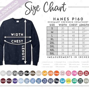 Semi-editable Hanes P160 Size Chart Color Chart Ecosmart Crewneck ...