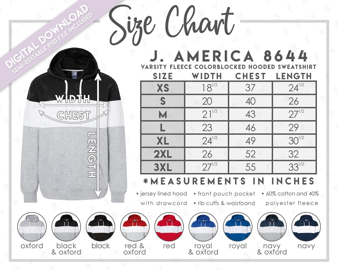 Semi-editable J. America 8644 Size Chart + Color Chart Semi-editable J. America 8644 Size Chart + Color Chart