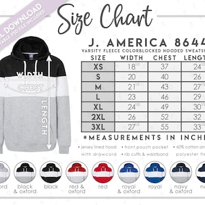 Tabla de tallas y colores semieditable de J. America 8644 • Sudadera universitaria con capucha y bloques de color de polar • Tabla de tallas JA8644 • JA 8644