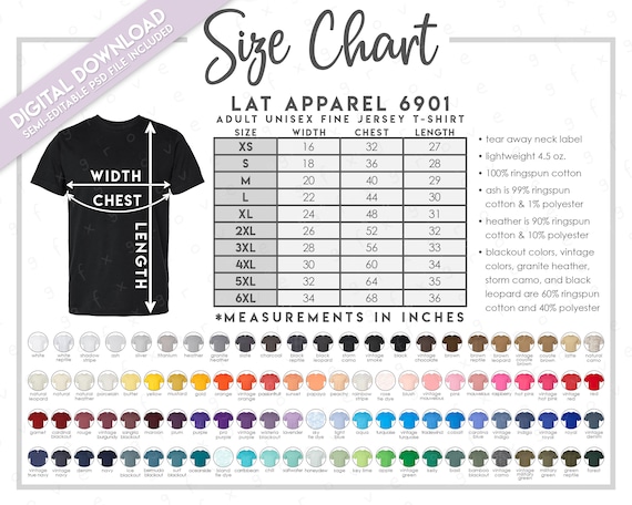 Semi Editable LAT Apparel 6901 Size + Color Chart • LAT Men's Fine