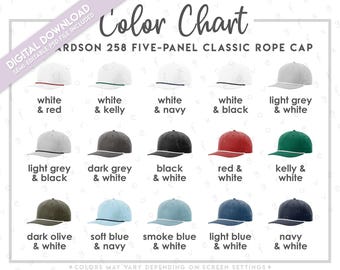 Semi-Editable Richardson 258 Color Chart • Richardson Five Panel Classic Rope Cap Color Chart • Richardson Rope Hat Color Guide