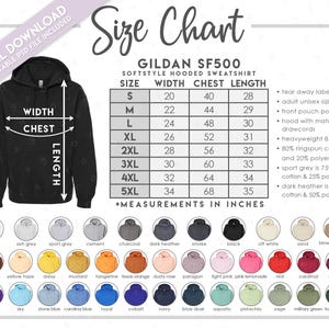Semi-Editable Gildan SF500 Size Chart + Color Chart • SF500 Softstyle Hooded Sweatshirt Size Chart • SF500 Sweatshirt Color Chart