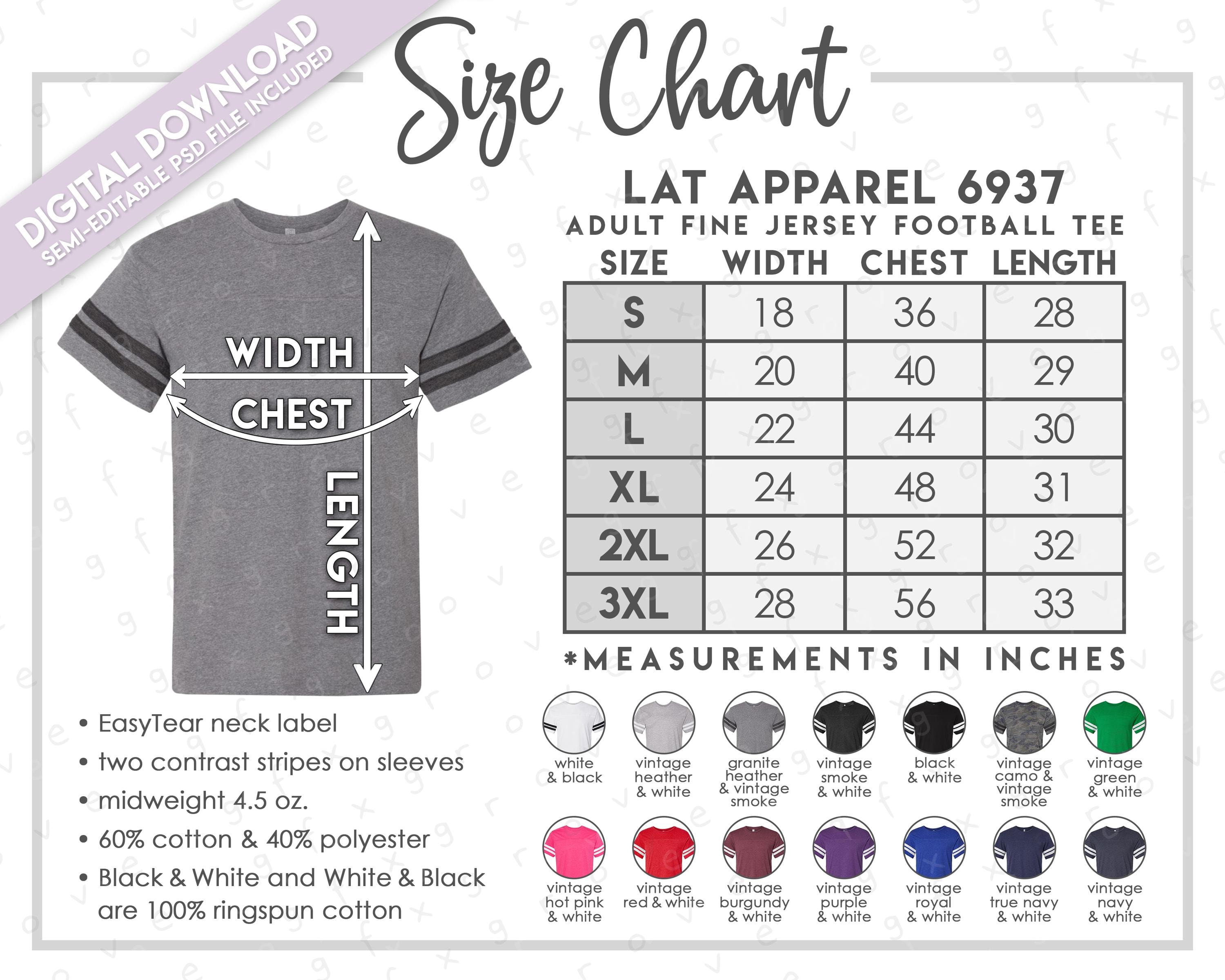 Semi Editable LAT Apparel 6937 Size + Color Chart • LAT Adult Fine