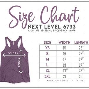 Next Level 6733 Size Chart - Next Level Triblend Racerback Tank Size Chart - Next Level Tank Top Size Chart - NL6733