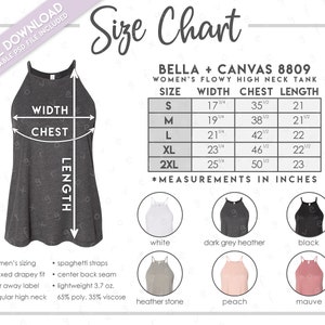 Tabla de tallas y colores semieditable Bella + Canvas 8809 • Tabla de tallas de camiseta sin mangas de cuello alto holgada para mujer de Bella Canvas • Tabla de colores 8809 • BC8809