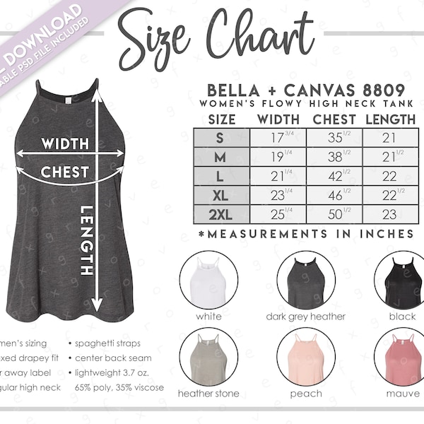 Semi-Editable Bella + Canvas 8809 Size + Color Chart • Bella Canvas Women's Flowy High Neck Tank Top Size Chart • 8809 Color Chart • BC8809