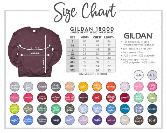 Gildan 18000 Size Chart Color Chart ALL 46 COLORS Gildan | Etsy