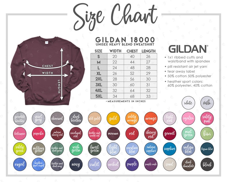 gildan 1800 size chart