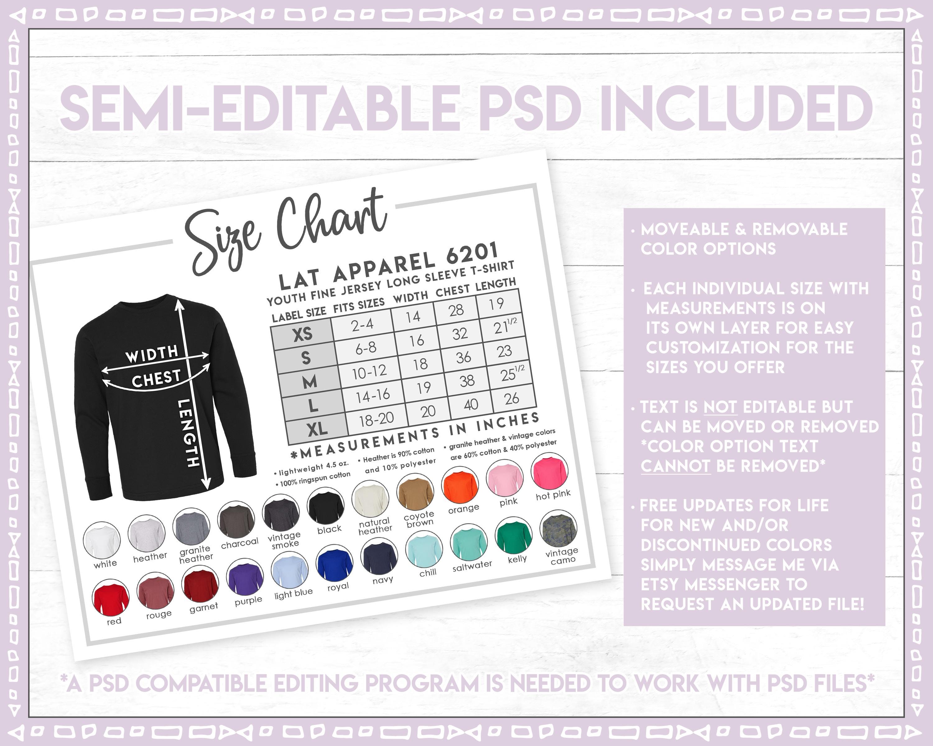 Semi-editable LAT Apparel 6201 Size + Color Chart • LAT Apparel