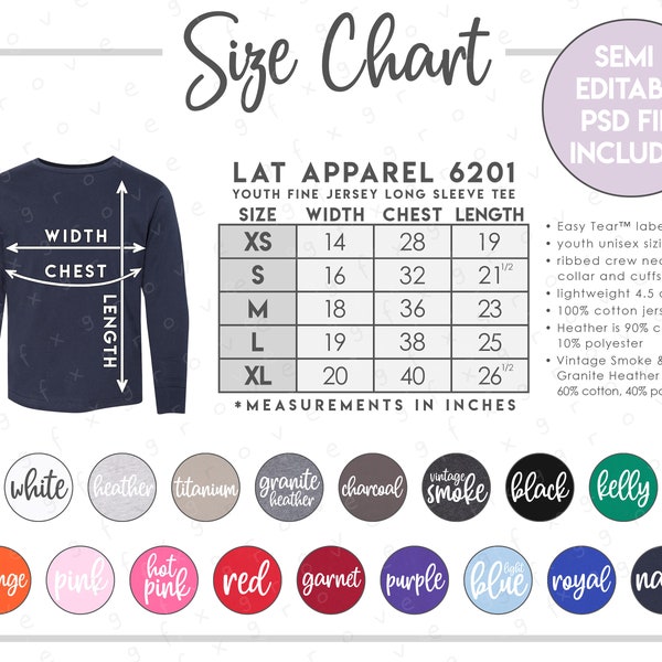 Semi-Editable LAT Apparel 6201 Size + Color Chart • LAT Apparel Youth Fine Jersey Long Sleeve T-Shirt Size Chart • LAT 6201