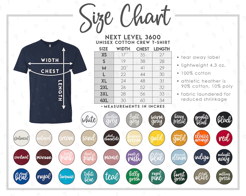 Next Level 3600 Size Color Chart 2 Versions Included With & - Etsy