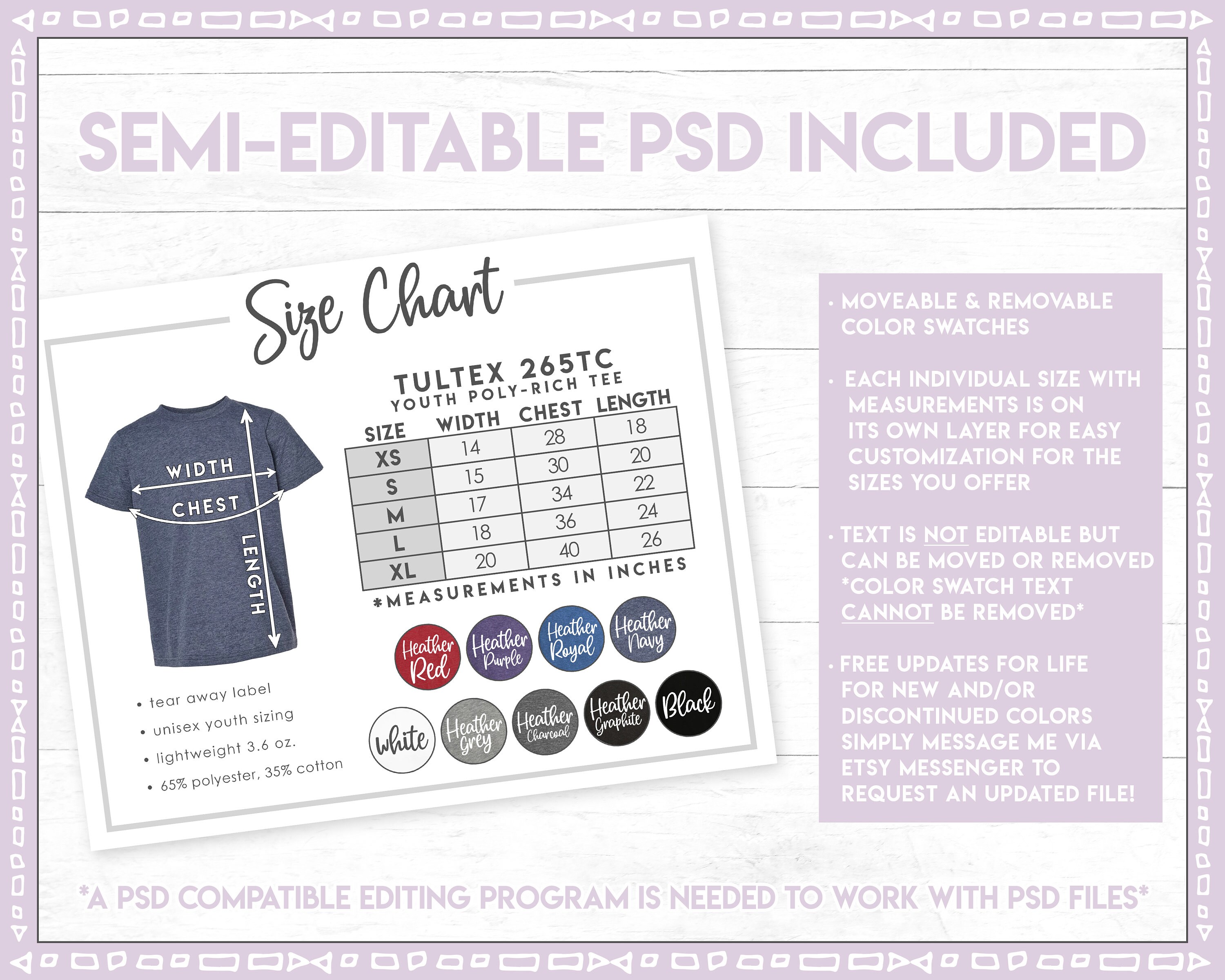 Semieditable Tultex 265TC Size Color Chart Tultex Youth Etsy Canada