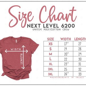 Next Level 6200 Size Chart - Next Level Unisex Poly Cotton T-Shirt Size Chart - Next Level T-Shirt Size Chart - NL6200 Size Chart