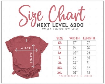 Size Chart 6200 - Größentabelle - Unisex Poly Cotton T-Shirt Größentabelle - Stretch T-Shirt - NL6200 Größentabelle
