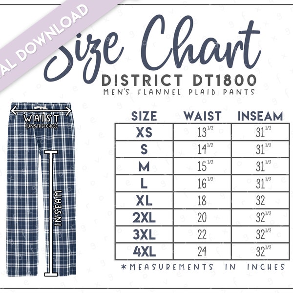 District DT1800 Size Chart • District Men's Flannel Plaid Pants Size Chart • District Plaid Pants • DT1800 • District 1800