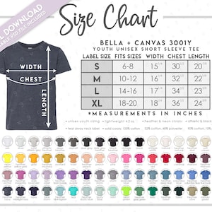 Tabla de tallas y colores Bella + Canvas 3001Y semieditable • Incluye colores sólidos y jaspeados (3001YCVC) • Tabla de tallas de camisetas juveniles Bella Canvas