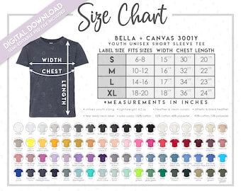 Semi-Editable Bella + Canvas 3001Y Size + Color Chart • Includes Solid & Heather Colors (3001YCVC) • Bella Canvas Youth T-Shirt Size Chart