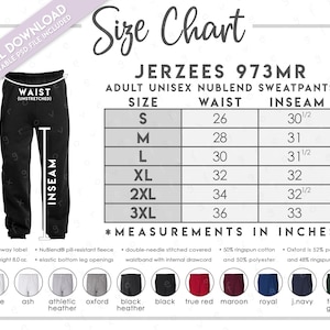 Semi-Editable Jerzees 973MR Size + Color Chart • Jerzees Nublend Sweatpants • Jerzees Sweatpants • Jerzees 973