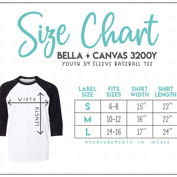 Bella + Canvas 3200Y Size Chart • Bella Canvas Youth Baseball Tee Size Chart • Bella Canvas 3/4 Sleeve Raglan • BC3200Y Size Chart