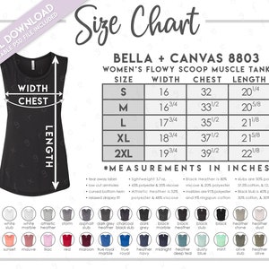 Tabla de tallas y colores semieditable Bella + Canvas 8803 • Tabla de tallas de la camiseta sin mangas con mangas musculosas Bella Canvas • Tabla de tallas BC8803 • Tabla de colores BC8803