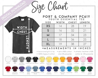 Semi-modifiable Port & Company PC61A - Tableau des tailles + couleurs • Tableau des tailles des t-shirts Essentiels pour les jeunes • PC61A • Tableau des tailles PC 61A