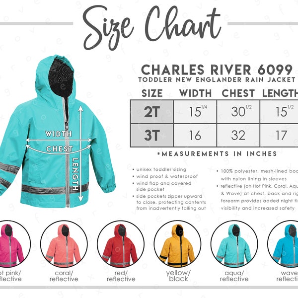 Charles River 6099 Size + Color Chart • 6 COLORS • Charles River Toddler New Englander Rain Jacket • 6099 Size Chart • 6099 Color Chart