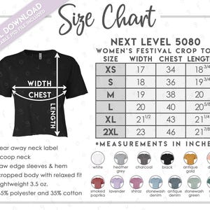 Semi-Editable Next Level 5080 Size + Color Chart  • Next Level Women's Festival Crop Top Size Chart  • NL5080