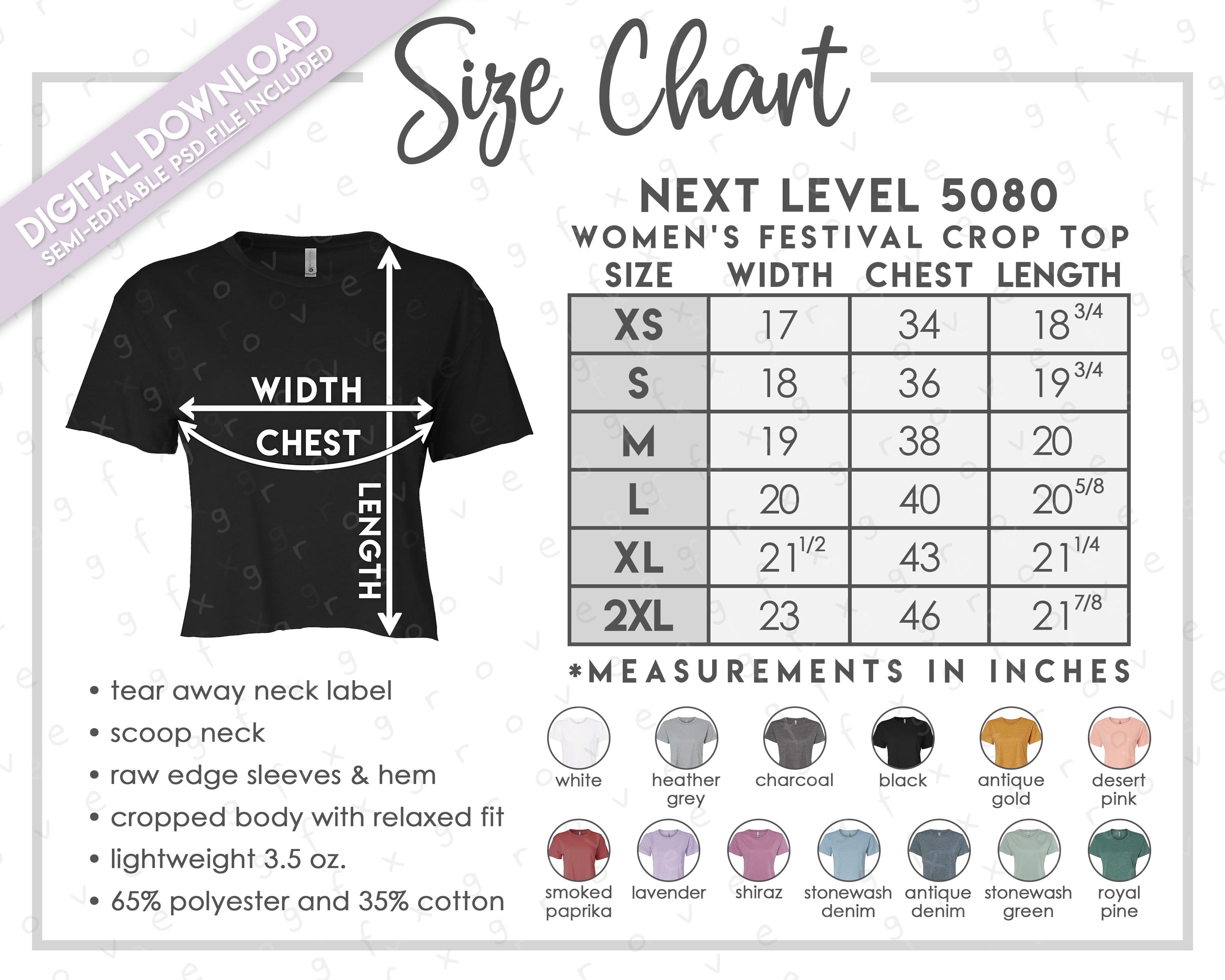 Semi-editable Next Level 5080 Size + Color Chart • Next Level