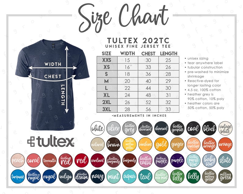 Tultex 202TC Size Color Chart 46 COLORS Tultex Unisex Etsy