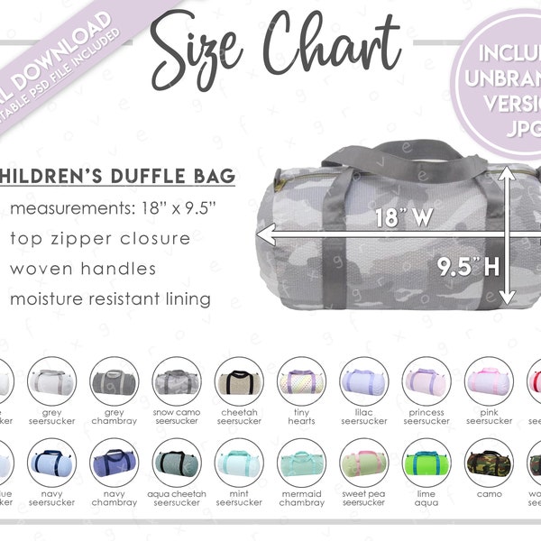 Semi-Editable Children's Medium Duffle Bag Size + Color Chart • Kid's Duffle Bag Size Chart