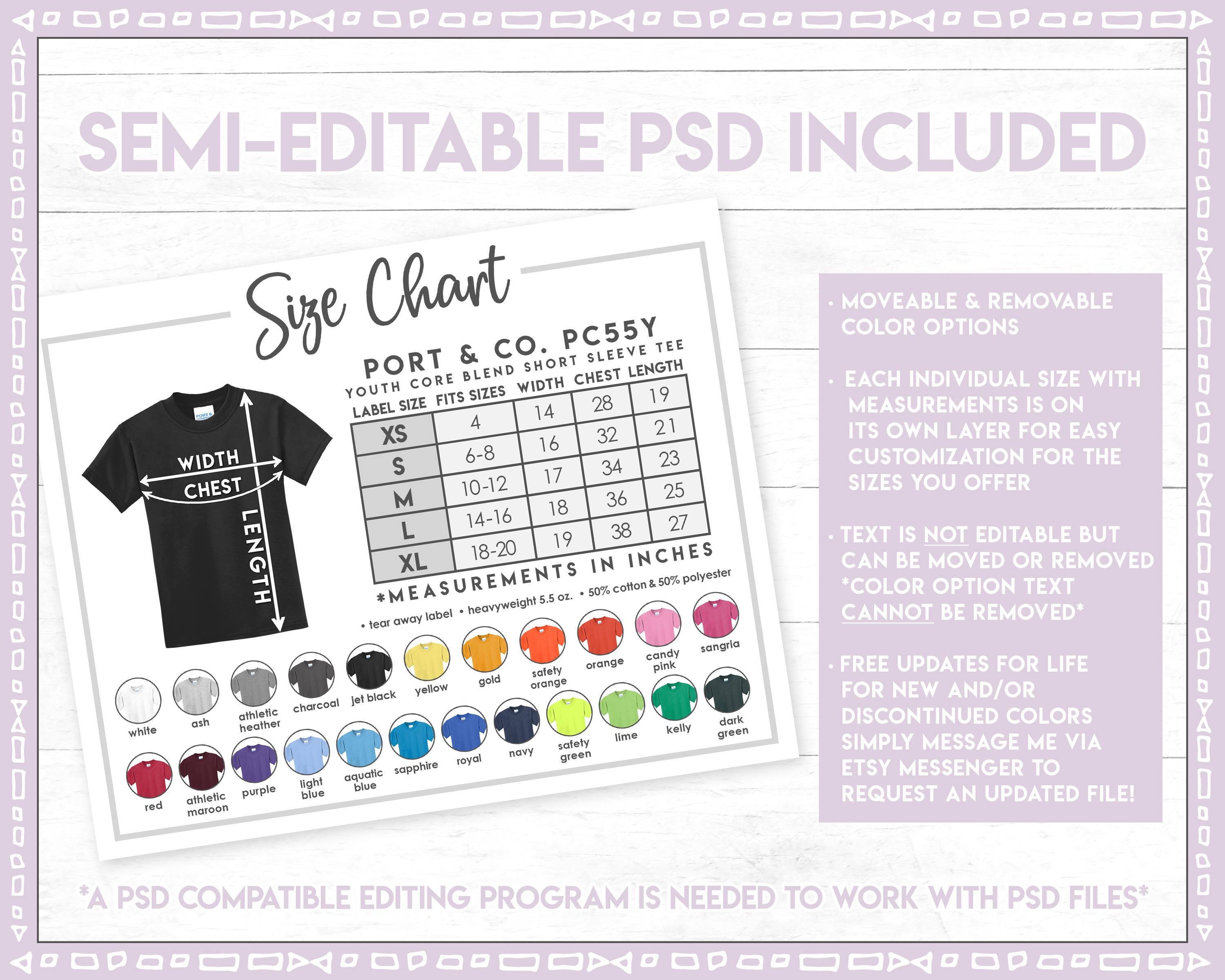 Semi-editable Port & Company PC55Y Size + Color Chart • Youth