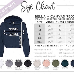 Tabla de tallas y colores semieditable Bella + Canvas 7502 • Tabla de tallas de sudadera con capucha polar corta para mujer Bella Canvas • Tabla de colores 7502 • BC7502
