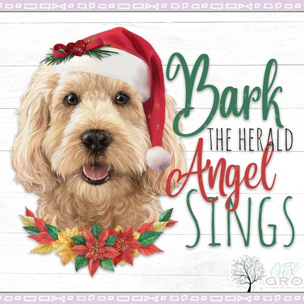 Christmas Doodle Dog Painting • Bark the Herald Angel Sings • Goldendoodle PNG • Labradoodle PNG • Doodle Dog Sublimation