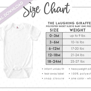 May include: White baby one-piece with short sleeves, displayed with a size chart. The chart details sizes from 0-3M to 18-24M, with corresponding weight ranges in pounds. The text includes "DIGITAL DOWNLOAD" and "Size Chart".