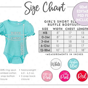 Semi-bewerkbare ARB Blanks-romper voor meisjes met korte mouwen en ruches Maat + kleurenkaart • ARB-romper met ruches • ARB-romper voor baby's