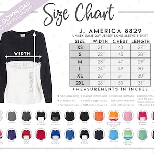 Tabla de tallas y colores semieditable de J. America 8829 • Camiseta unisex de manga larga para el día del partido • Tabla de tallas JA8829 • JA8829