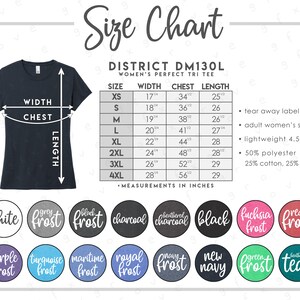 Tabla de tallas y colores de District DM130L • Tabla de tallas de la camiseta Perfect Tri para mujer de District • Tabla de colores de DM130L • District 130L
