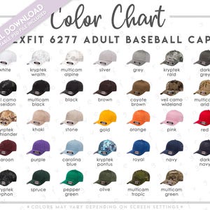Puede incluir: Tabla de colores que muestra gorras de béisbol. La XFIT 6277 ADULT BASEBALL CAP se muestra en varios colores, incluyendo blanco, negro, marrón y rojo. El texto "Color Chart" está en la parte superior.